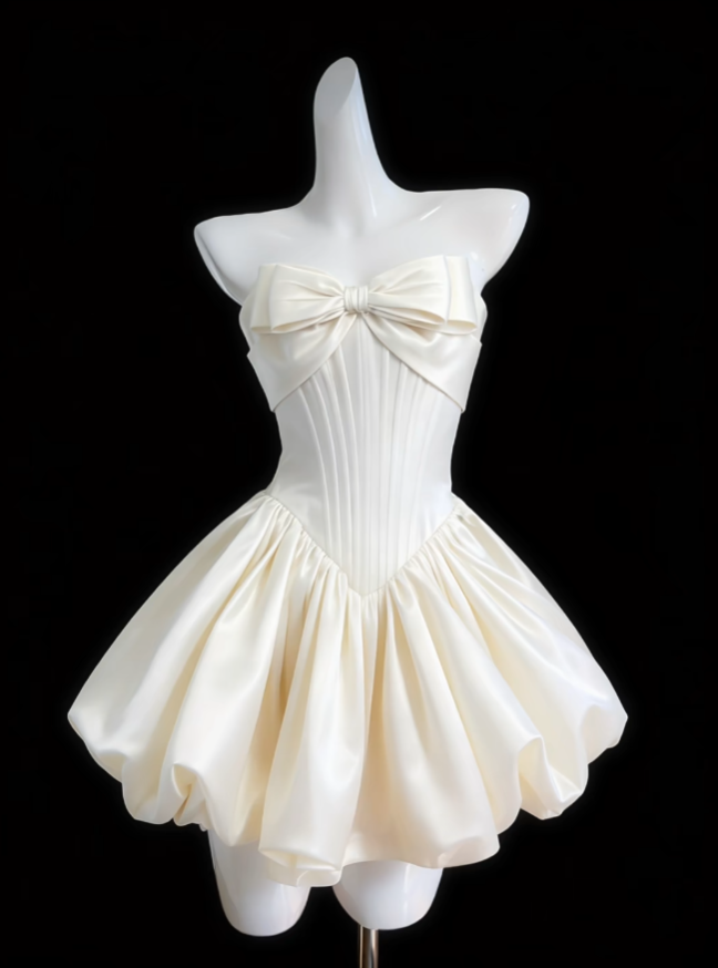 Pretty Ball Gown Strapless White Satin With Bow Senior Inspo Graduation Hoco Gowns Short Homecoming Dresses N4688