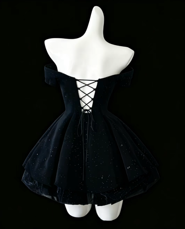 Modest Ball Gown Off The Shoulder Black Velvet Mini Senior Short Hoco Gown High School Homecoming Dresses N4690