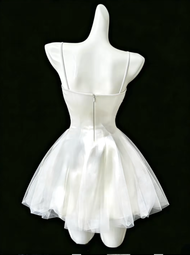 Pretty A Line Spaghetti Strap White Tulle Mini Senior Inspo Graduation High School Short Homecoming Dresses N4691