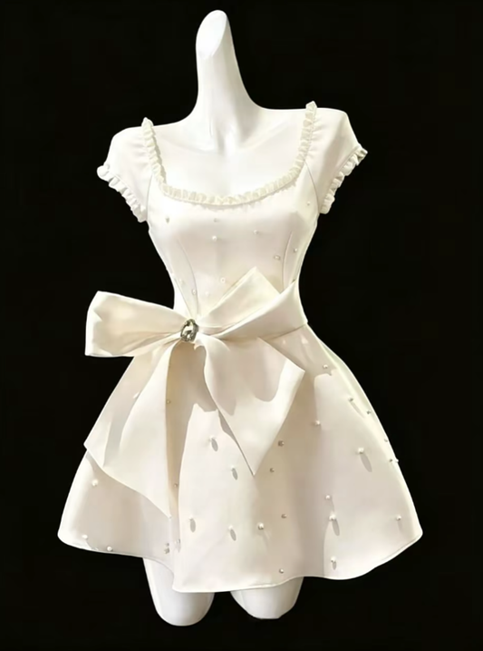 Unique Ball Gowns Square Neck White With Sleeves Mini Senior Short Hoco Gowns High School Homecoming Dresses N4692