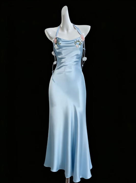 Romantic Mermaid Halter Blue Satin Ideas For Women 18th Birthday Dresses Holiday Summer Outfits N4694