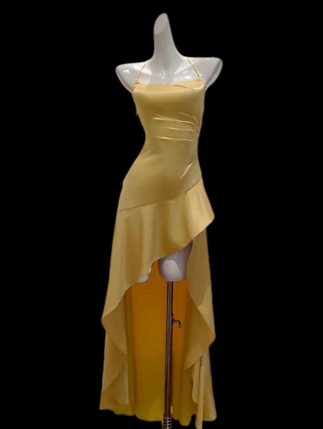 Sexy Prom Dresses High Low Spaghetti Strap Yellow With Split Evening Long Formal Dress N4695
