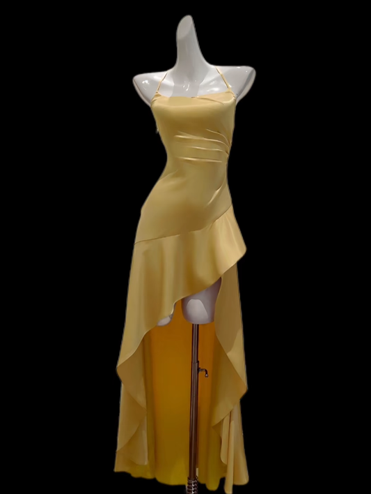Sexy Prom Dresses High Low Spaghetti Strap Yellow With Split Evening Long Formal Dress N4695