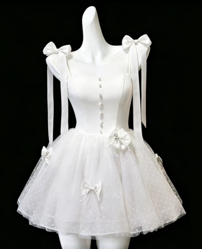 Pretty Ball Gown Spaghetti Strap White Tulle With Bow Mini Senior Inspo Graduation Short Homecoming Dresses N4696