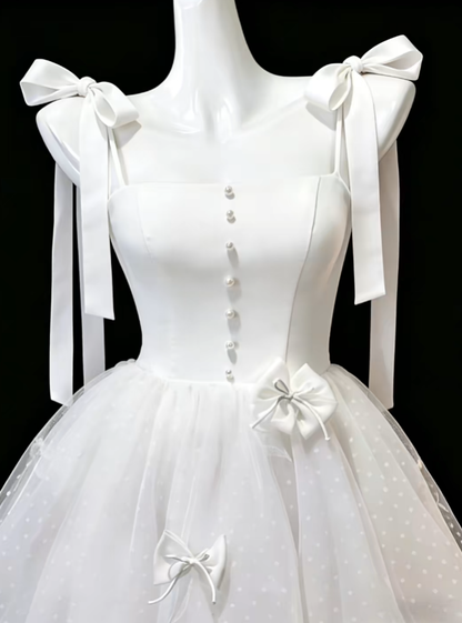 Pretty Ball Gown Spaghetti Strap White Tulle With Bow Mini Senior Inspo Graduation Short Homecoming Dresses N4696