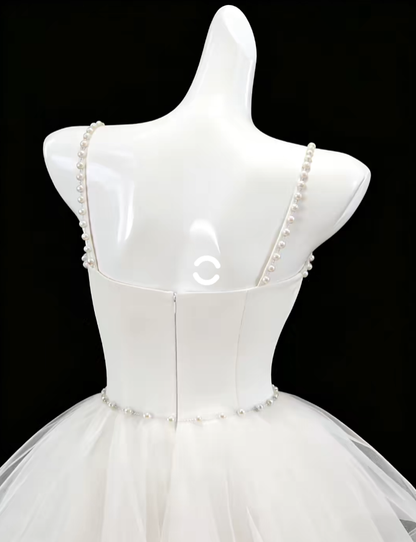 Pretty Ball Gown Spaghetti Strap White Tulle With Pearls Mini Senior Inspo Graduation Short Homecoming Dresses N4697