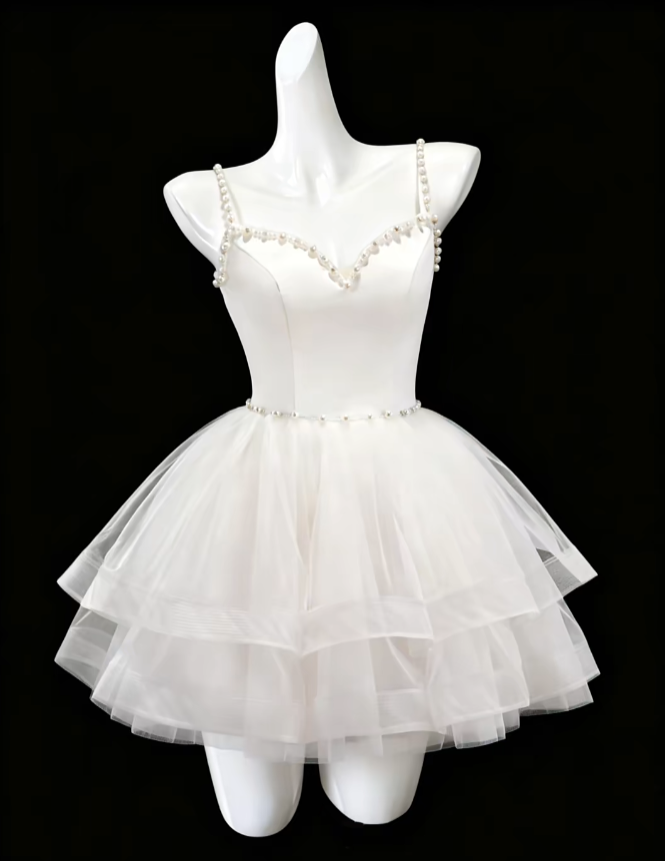 Pretty Ball Gown Spaghetti Strap White Tulle With Pearls Mini Senior Inspo Graduation Short Homecoming Dresses N4697