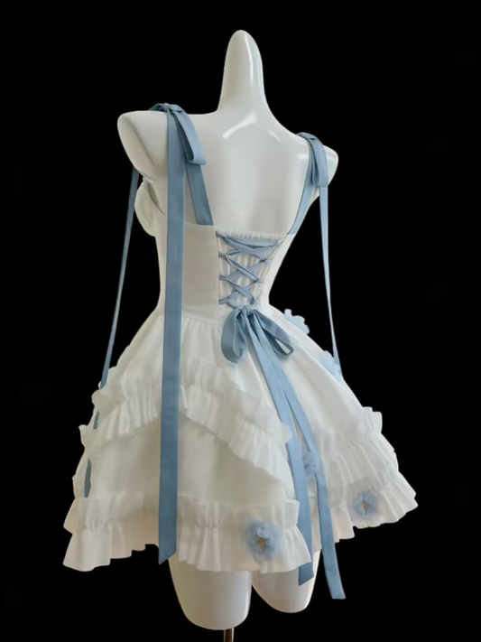 Pretty Ball Gown Spaghetti Strap White With Blue Flowers Mini Senior Inspo Graduation Short Homecoming Dresses N4698