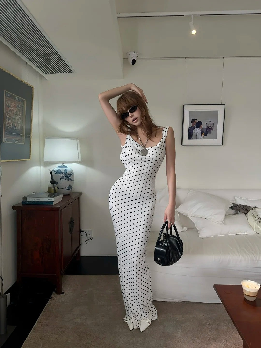 Chic Mermaid Square Neck Backless Black Polka Dots Satin With Bow-knot Prom Dress Long Birthday Party Gown Evening Dresses N470
