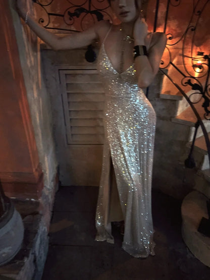 Glittering Mermaid Spaghetti Strap Champagne With Corset Back Long Prom Dresses Inspiration 18th Birthday Outfits Formal Dress N471