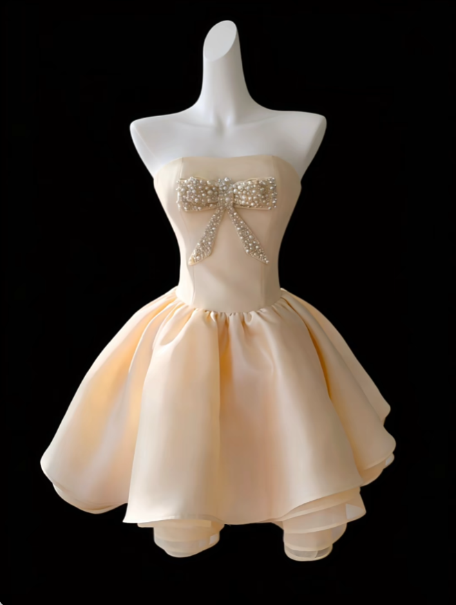 Modest Ball Gown Strapless Yellow Satin Mini Senior Short Hoco Gown High School Homecoming Dresses N4706