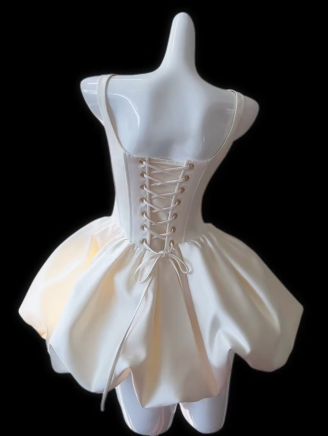 Pretty Ball Gown Square Neck White Satin Senior Inspo Graduation Hoco Gowns Short Homecoming Dresses N4713