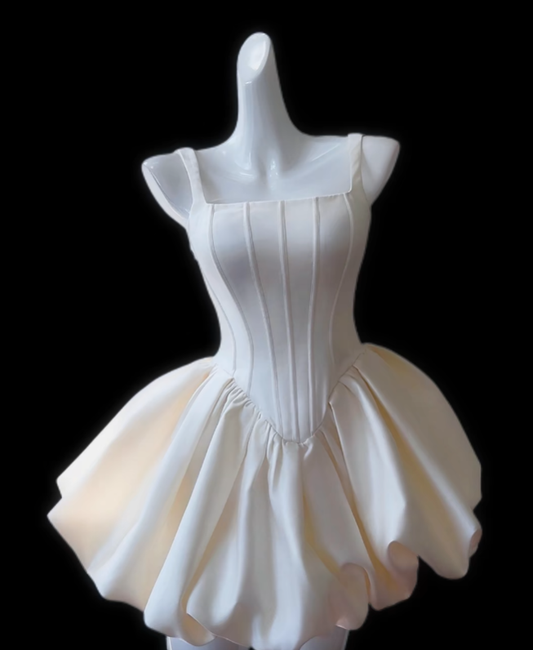 Pretty Ball Gown Square Neck White Satin Senior Inspo Graduation Hoco Gowns Short Homecoming Dresses N4713