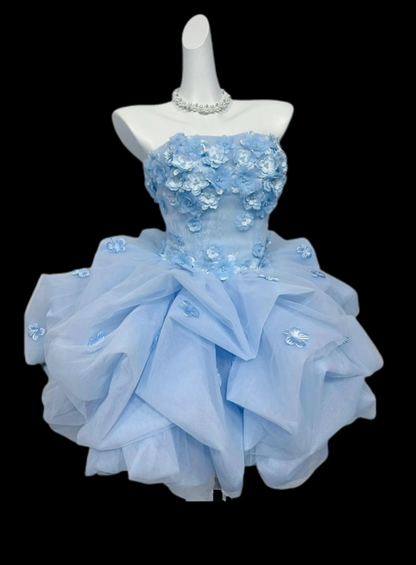 Unique Ball Gowns Strapless Light Sky Blue Tulle With 3D Flowers Mini Senior Short Hoco Gowns Homecoming Dresses N4719