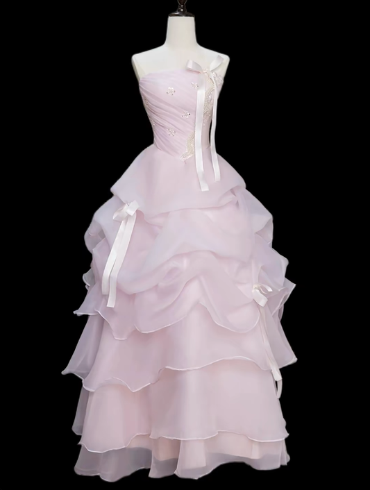 Princess Prom Dresses Ball Gowns Strapless Sleeveless Pink Evening Long Formal Dress N4720