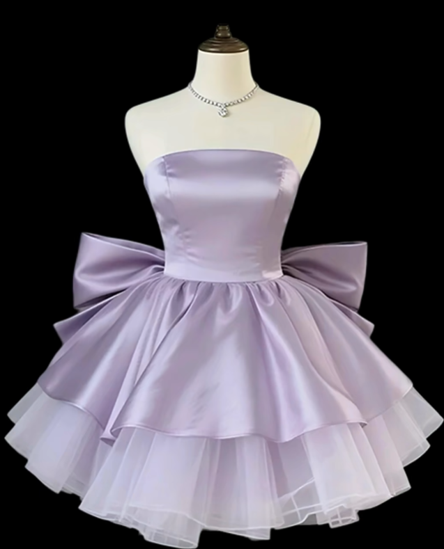 Unique Ball Gowns Strapless Lilac Satin With Bow-knot Mini Senior Short Hoco Gowns Homecoming Dresses N4721