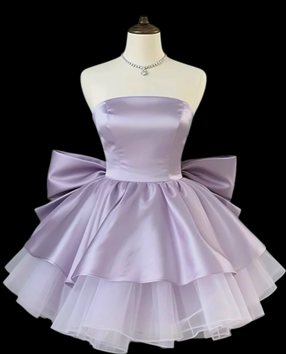 Unique Ball Gowns Strapless Lilac Satin With Bow-knot Mini Senior Short Hoco Gowns Homecoming Dresses N4721