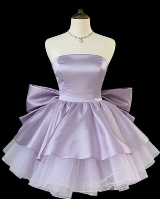 Unique Ball Gowns Strapless Lilac Satin With Bow-knot Mini Senior Short Hoco Gowns Homecoming Dresses N4721