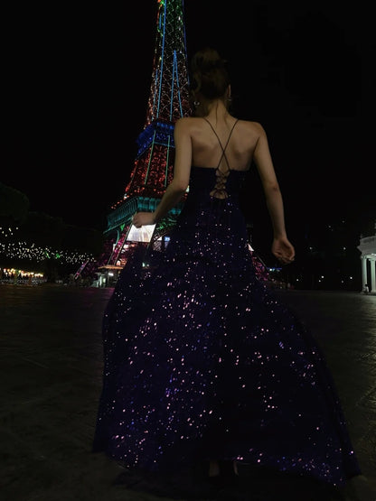 Sparkling Mermaid Spaghetti Strap Purple Sequined Prom Dress Long 18th Birthday Party Gown Formal Evening Dresses N477