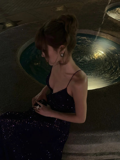 Sparkling Mermaid Spaghetti Strap Purple Sequined Prom Dress Long 18th Birthday Party Gown Formal Evening Dresses N477