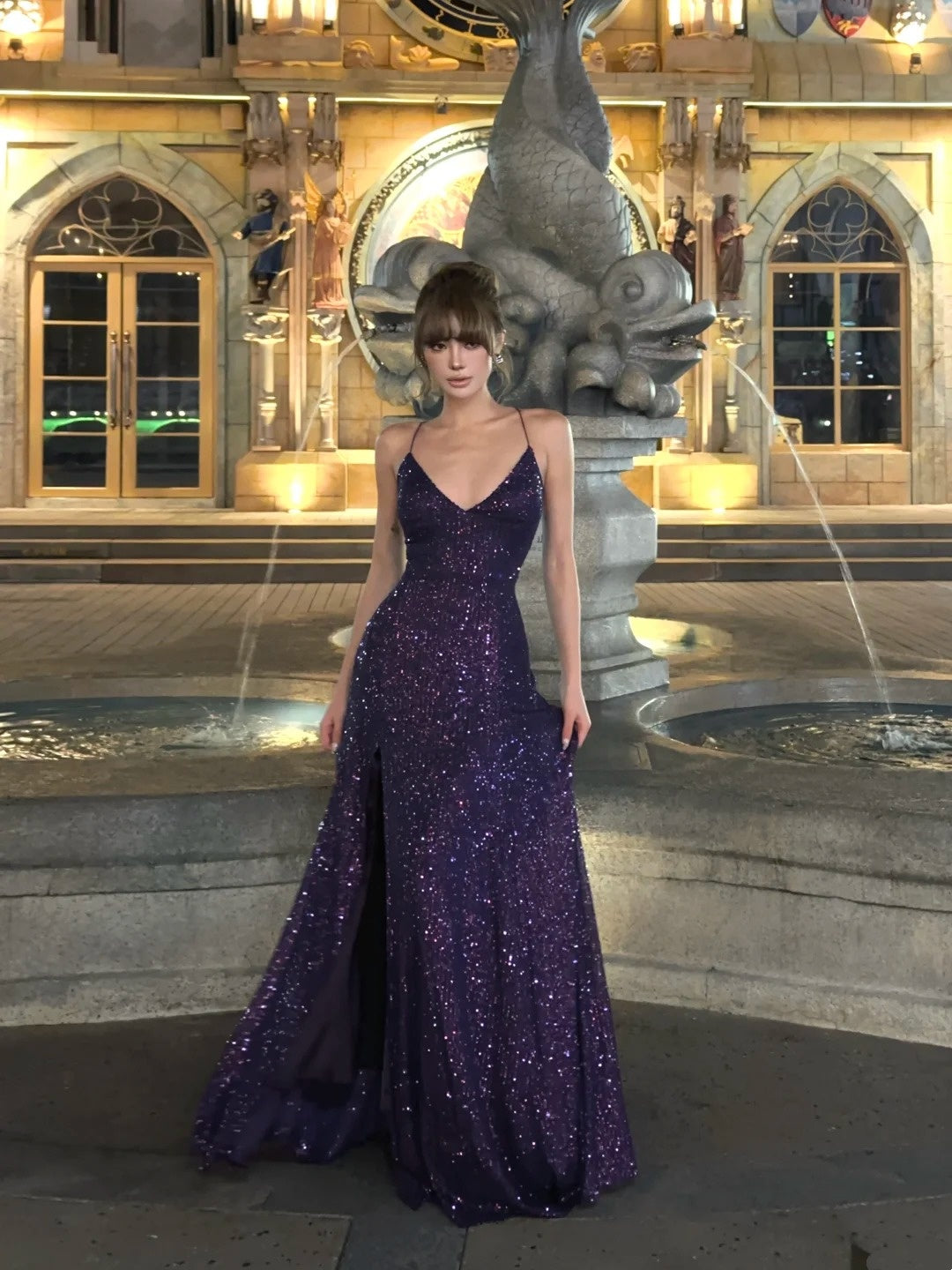 Sparkling Mermaid Spaghetti Strap Purple Sequined Prom Dress Long 18th Birthday Party Gown Formal Evening Dresses N477