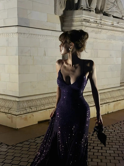 Classy Mermaid Spaghetti Strap Purple Sequined Prom Dress Long 18th Birthday Party Gowns Formal Dresses N479