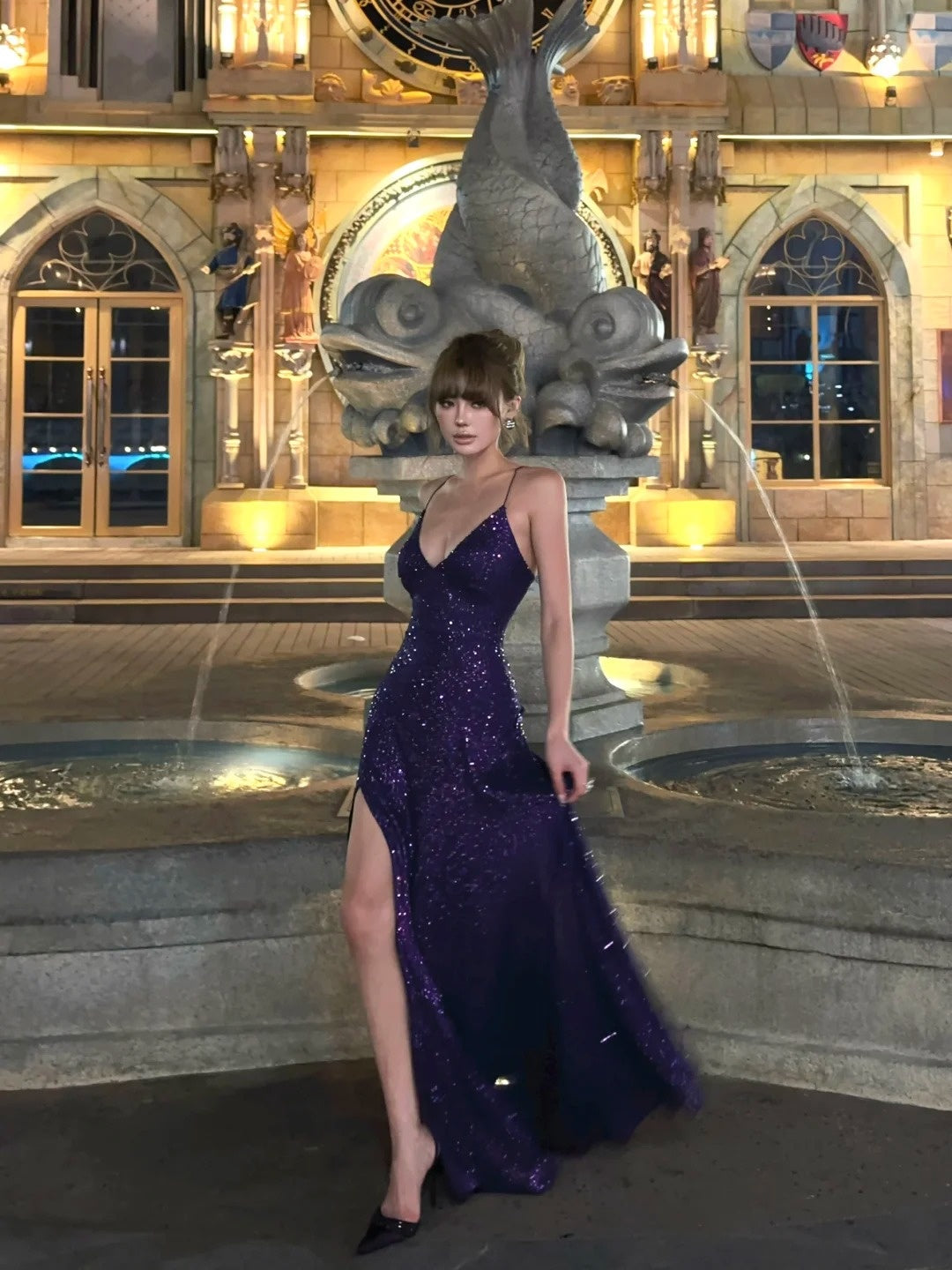 Classy Mermaid Spaghetti Strap Purple Sequined Prom Dress Long 18th Birthday Party Gowns Formal Dresses N479