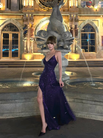 Classy Mermaid Spaghetti Strap Purple Sequined Prom Dress Long 18th Birthday Party Gowns Formal Dresses N479
