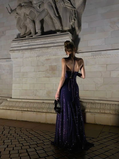 Sparkling Mermaid Spaghetti Strap Purple Sequined Prom Dress Long 18th Birthday Party Gown Formal Evening Dresses N477