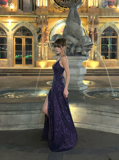 Sparkling Mermaid Spaghetti Strap Purple Sequined Prom Dress Long 18th Birthday Party Gown Formal Evening Dresses N477
