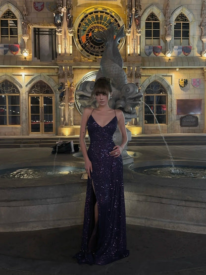 Sparkling Mermaid Spaghetti Strap Purple Sequined Prom Dress Long 18th Birthday Party Gown Formal Evening Dresses N477