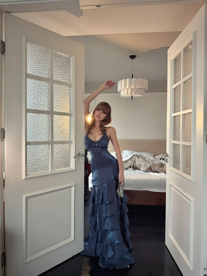 Ethereal Mermaid Spagehtti Strap Long Prom Dress Corset Back Navy Blue Long Ball Gowns Formal 18th Birthday Dresses N484
