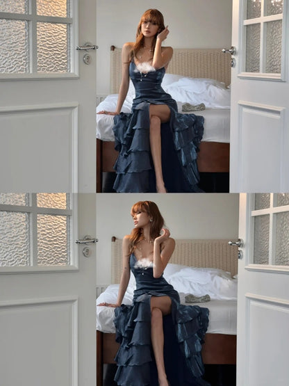 Ethereal Mermaid Spagehtti Strap Long Prom Dress Corset Back Navy Blue Long Ball Gowns Formal 18th Birthday Dresses N484