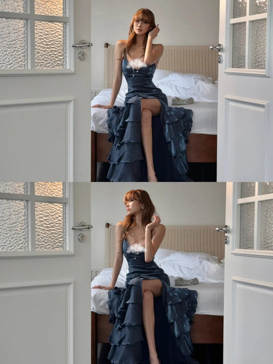 Ethereal Mermaid Spagehtti Strap Long Prom Dress Corset Back With Slit Split Navy Blue Long Ball Gowns Formal 18th Birthday Dresses N485