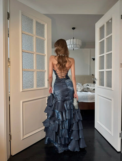 Fairytale Mermaid Spagehtti Strap Long Prom Dress Corset Back Navy Blue Long Ball Gowns Formal Birthday Dresses N483