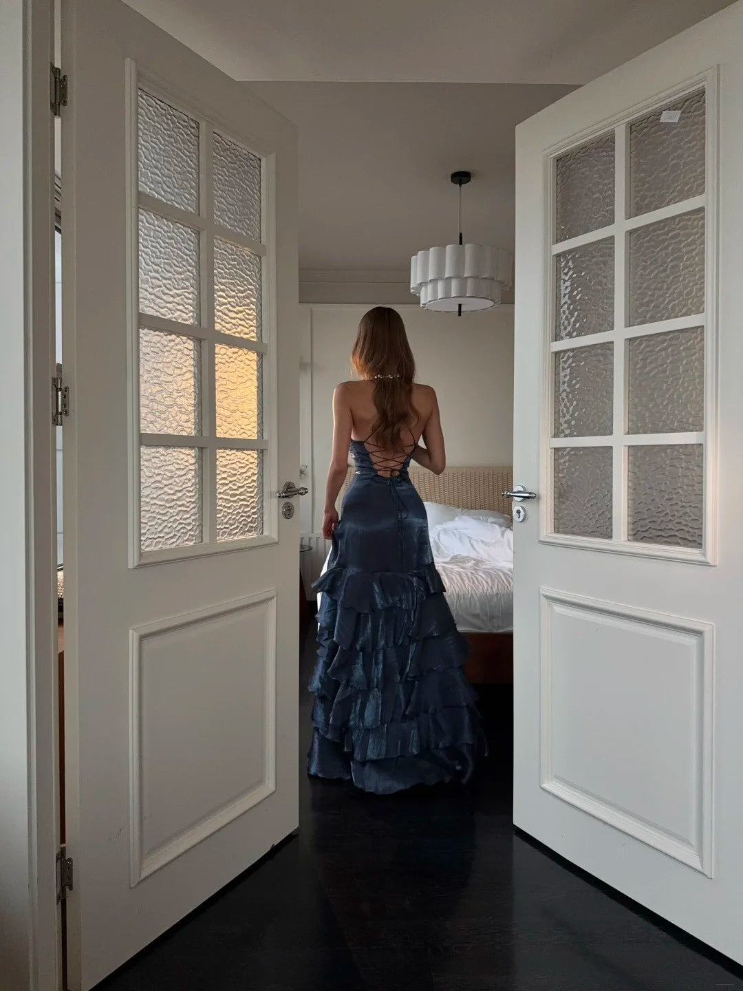 Ethereal Mermaid Spagehtti Strap Long Prom Dress Corset Back With Slit Split Navy Blue Long Ball Gowns Formal 18th Birthday Dresses N485