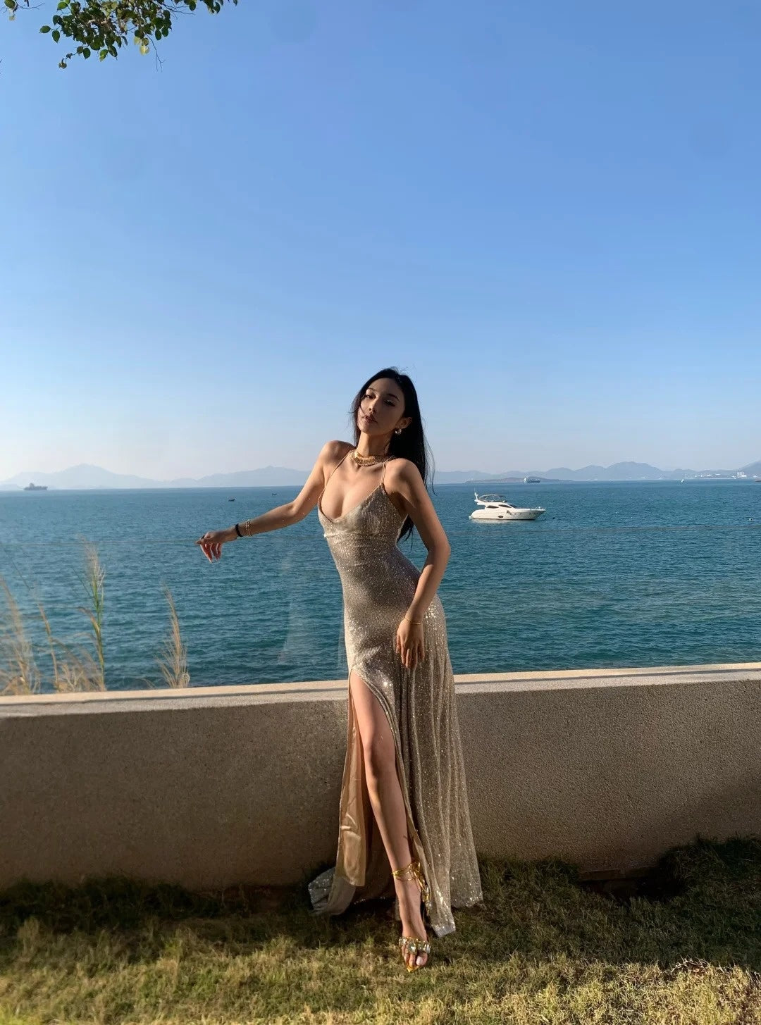 Glittering Mermaid Spaghetti Strap Champagne With Corset Back Slit Long Prom Dresses Inspo 18th Birthday Outfits Formal Dress N486