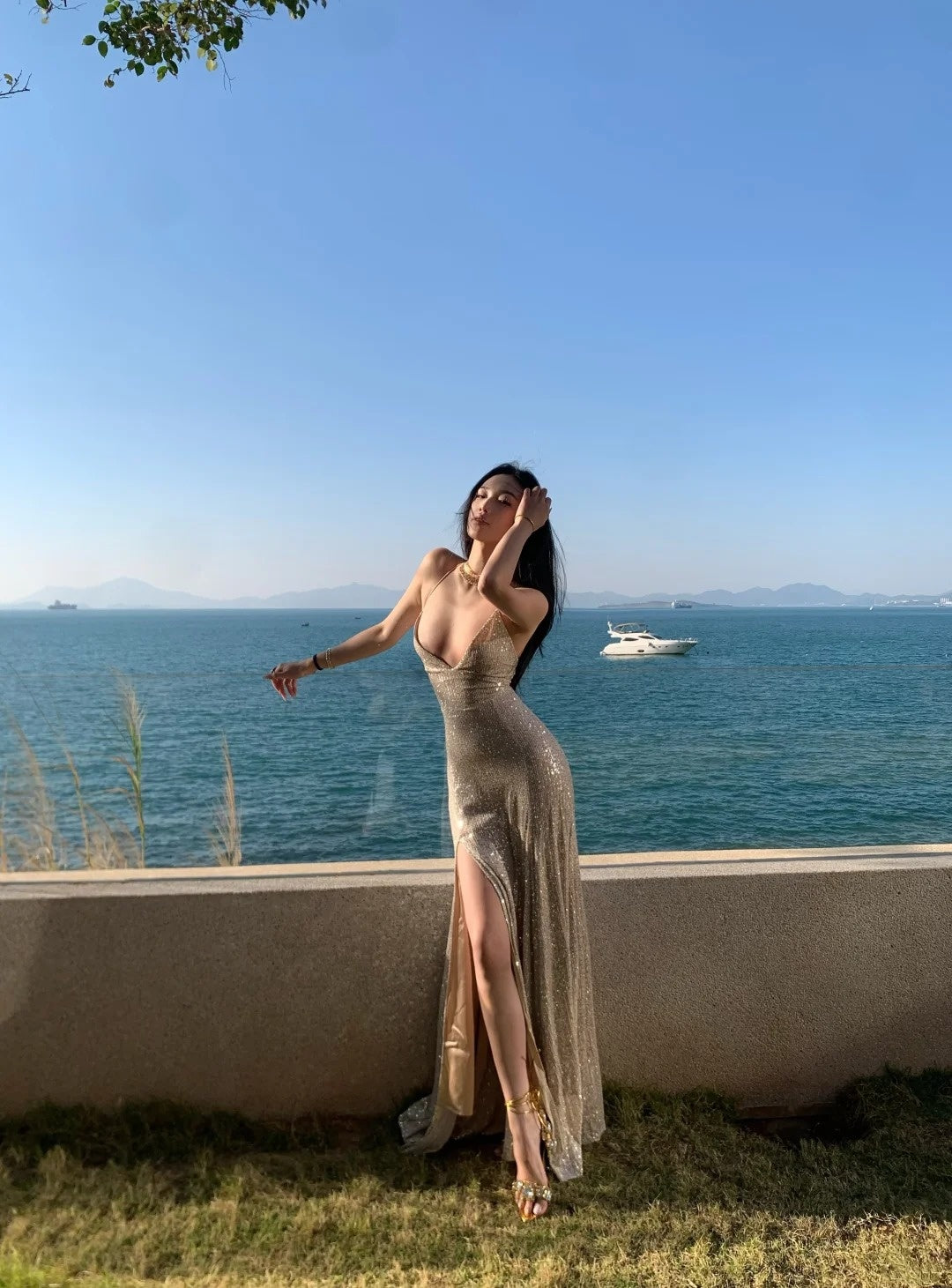 Glittering Mermaid Spaghetti Strap Champagne With Corset Back Slit Long Prom Dresses Inspo 18th Birthday Outfits Formal Dress N486