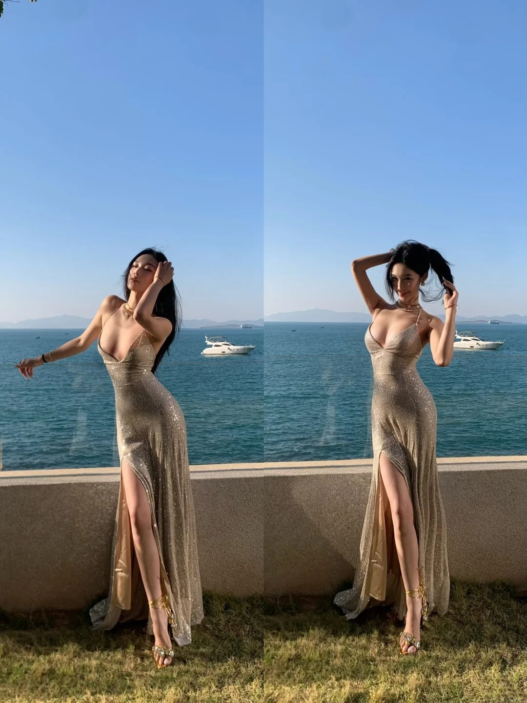 Glittering Mermaid Spaghetti Strap Champagne With Corset Back Slit Long Prom Dresses Inspo 18th Birthday Outfits Formal Dress N486