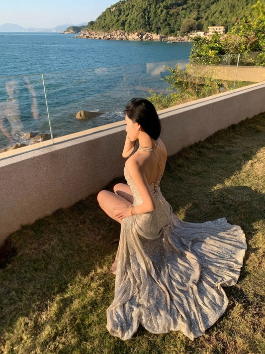Glittering Mermaid Spaghetti Strap Champagne With Corset Back Slit Long Prom Dresses Inspo 18th Birthday Outfits Formal Dress N486