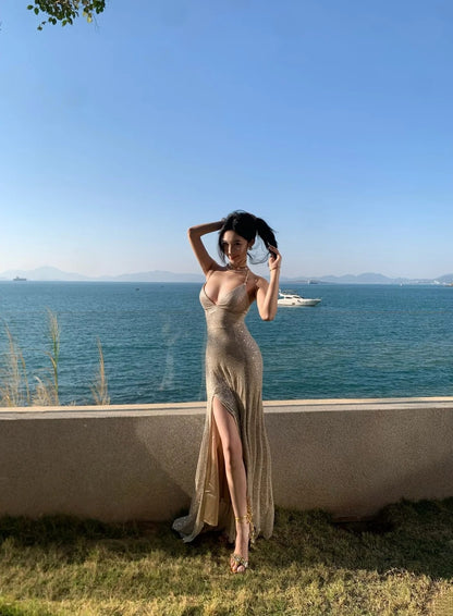 Glittering Mermaid Spaghetti Strap Champagne With Corset Back Slit Long Prom Dresses Inspo 18th Birthday Outfits Formal Dress N486