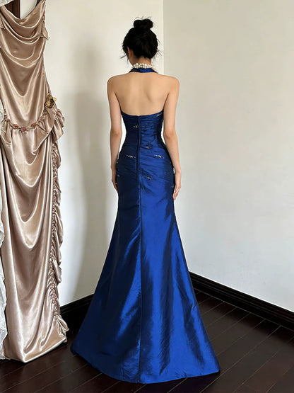 Vintage Halter Sheath Long Prom Dresses Beaded Satin Blue Evening Dresses Sleeveless Birthday Dresses N783