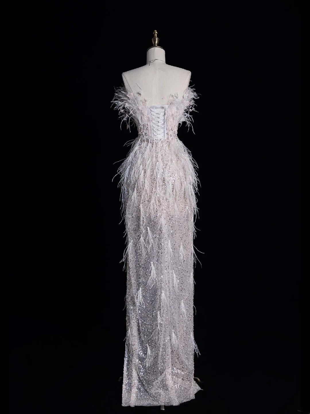 Civil Wedding Dresses Sheath Strapless White Sequin With Slit Feathers Bodice Brides Dress Fitted Bridal Gowns N613