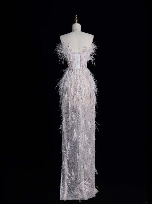 Civil Wedding Dresses Sheath Strapless White Sequin With Slit Feathers Bodice Brides Dress Fitted Bridal Gowns N613