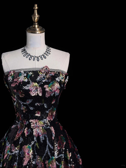 Whimsical Ball Gown Strapless Black Floral Sequin Pleated Bodice Long Prom Dresses Night Formal Dress N614