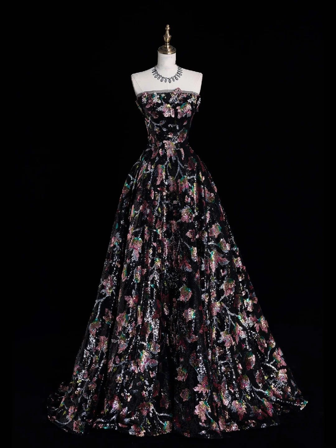 Whimsical Ball Gown Strapless Black Floral Sequin Pleated Bodice Long Prom Dresses Night Formal Dress N614
