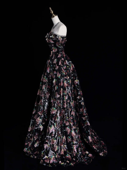 Whimsical Ball Gown Strapless Black Floral Sequin Pleated Bodice Long Prom Dresses Night Formal Dress N614