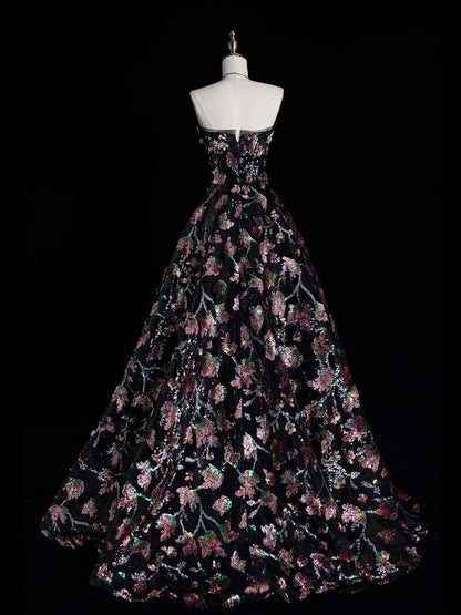 Whimsical Ball Gown Strapless Black Floral Sequin Pleated Bodice Long Prom Dresses Night Formal Dress N614
