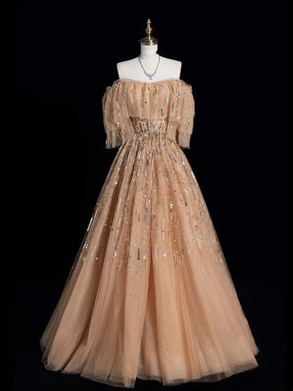 Elegant Ball Gown Off The Shoulder Tulle With Short Sleeves Beaded Bodice Long Evening Dresses Semi Prom Formal Gown N616
