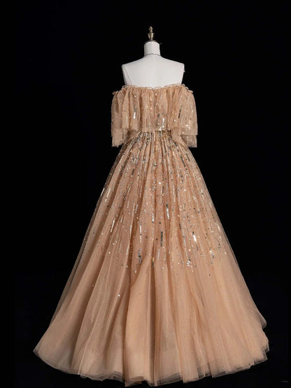Elegant Ball Gown Off The Shoulder Tulle With Short Sleeves Beaded Bodice Long Evening Dresses Semi Prom Formal Gown N616